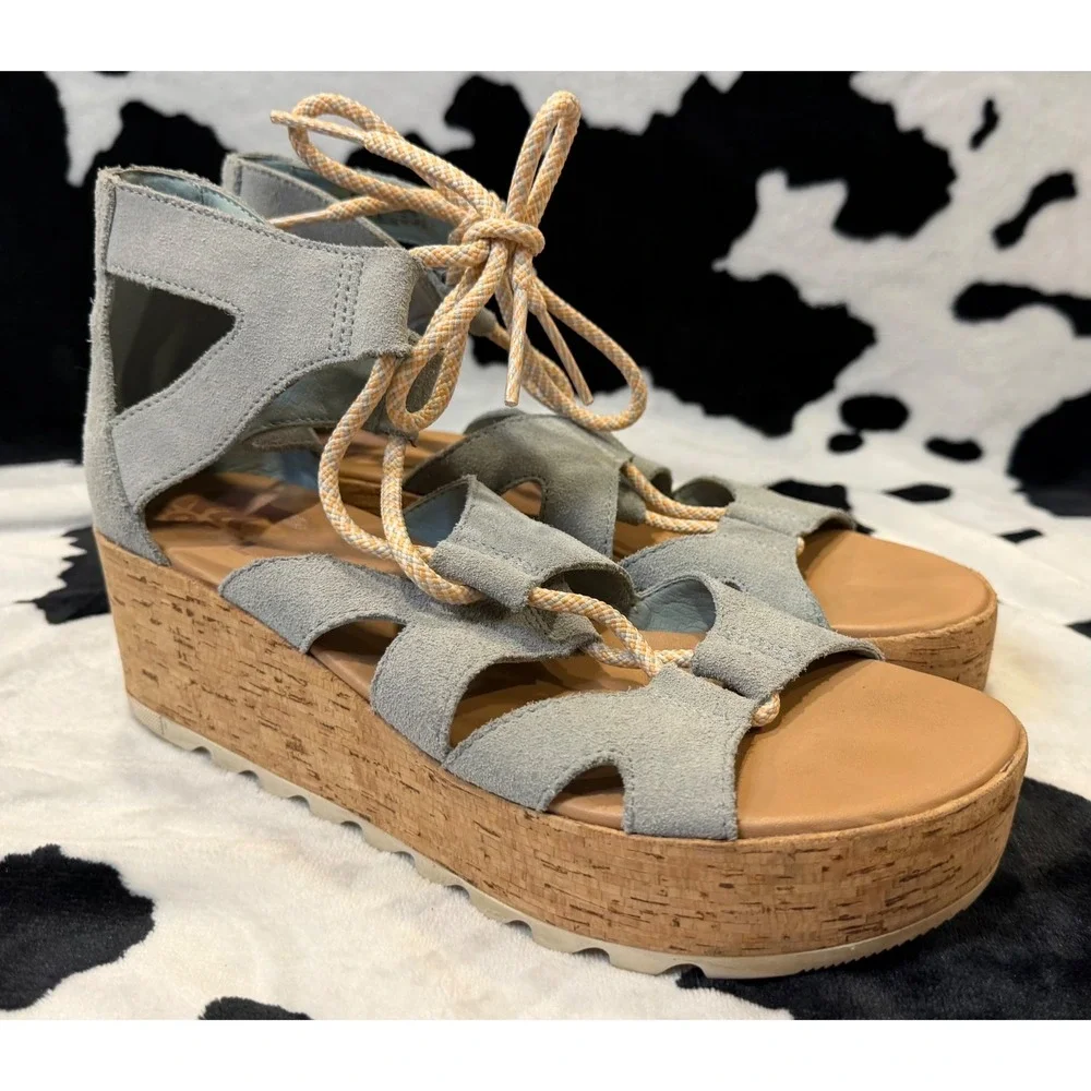 Sorel Joanie III Lace Wedge Sandals Sage Suede Platform NL4626-461 Womens 9